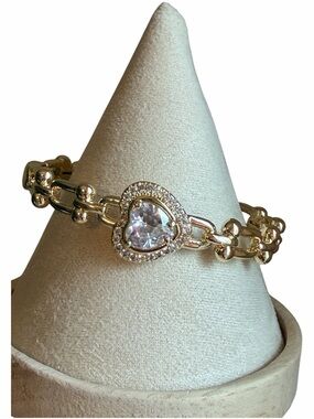 14K Gold Plated Heart Link Bangle with Clear Crystal Accent
